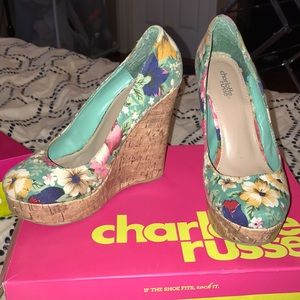 Teal floral wedges
